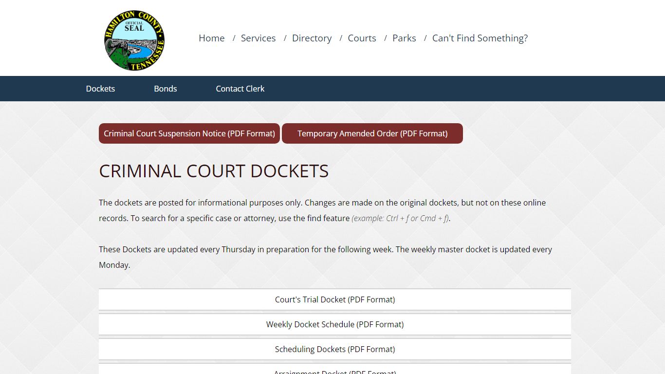 Criminal Court Dockets - Hamilton County, Tennessee